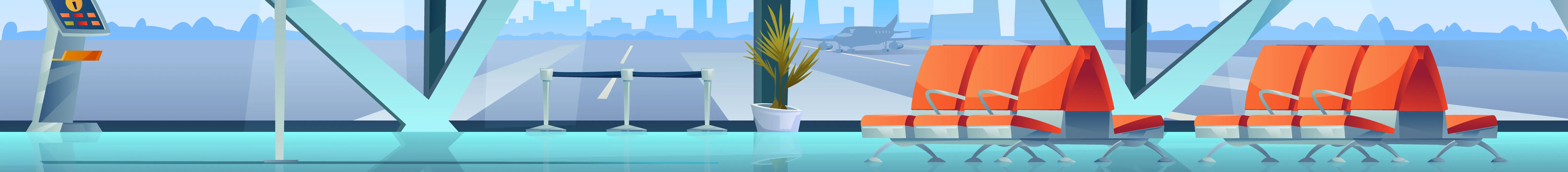 Ilustrovaná moderní letištní hala s výhledem na ranvej, červenými sedačkami a letištní technikou v pozadí.